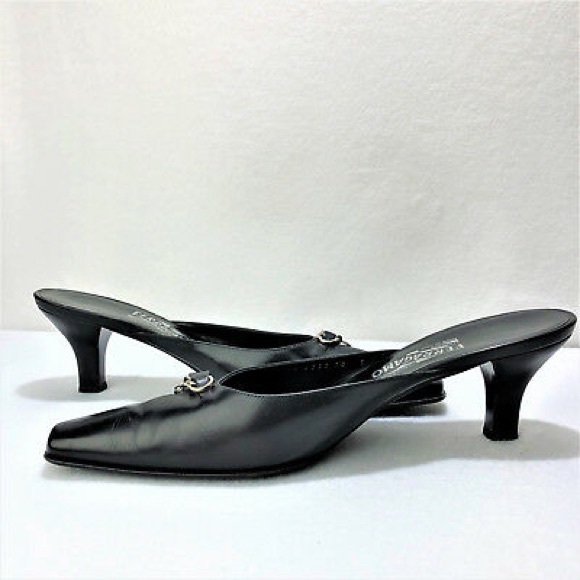 Salvatore Ferragamo Shoes - black leather Ferragamo kitten heel mules
